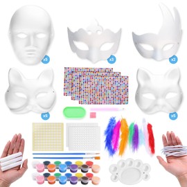 Wounded wild boar DIY Mask Making Kit – 20 Blank Masks (Cat, Wolf, Swan, Man, Crown) with 24 Acrylic Paints, Brushes, Feathers & Gem Stickers – Ideal for Kids & Adults, Arts & Crafts, Parties