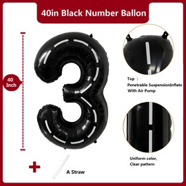 40 Inch Race Car Black Number Balloons Race Car Birthday Party Balloons Large Black Number 3 Balloons Boys 3rd Birthday Party Race Car Theme Party Decorations Supplies（Digital 3）