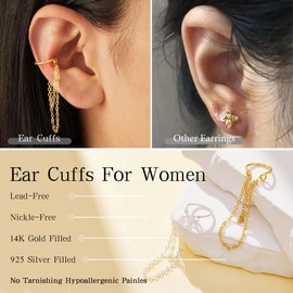Chian Ear Cuffs for Women Non Piercing 14K Gold Plated 925 Sterling Silver Earrings Fake Piercing Small Hypoallergenic Tiny Dainty Cubic Zirconia Clip on Nose Cartilage Hoop Jewelry Gifts for Men