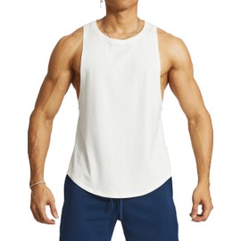 Ouber Men’s Drop Arm Tank Top Gym Workout T-Shirts Sleeveless Muscle Shirts for Bodybuilding, White S