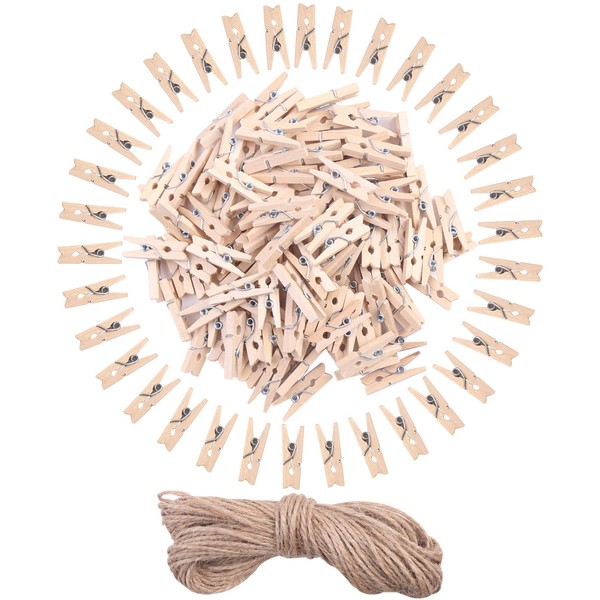 DIYASY 120 Pcs Mini Wooden Clips,1 Inch Mini Clothespins,Photo Paper Peg Pin Craft Clips with 2 Jute Twine