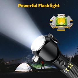Strong Light Flashlight, 10 In 1 Multifunctional Safety Hammer 6000LM Flashlight, Car Self-Rescue Broken Window Hammer With Alarm,Cutter, Side Red Warning Light, Solar Charging, Tail Magnet, Mobile Power Supply