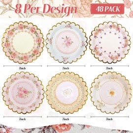 DHAIQC 48 Stück Vintage Pappteller Blume 17,8 cm, Blumen Partyteller mit gewellten, Einwegteller für Nachmittagstee, Geburtstag, Brautparty, Babyparty, Hochzeitsfeier-Dekoration (Blumen)