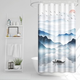 Ruelvth Stall Shower Curtain, Ink Painting Mountain Small Shower Curtain Set Abstract Sunrise Aesthetic Nature Scenery Waterproof Fabric Bathroom Decor with Hooks, 36x72 Inch