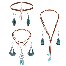 hoyuwak Bohemian Turquoise Jewelry Set for Women Western Pendants Faux Leather Necklace Vintage Earrings