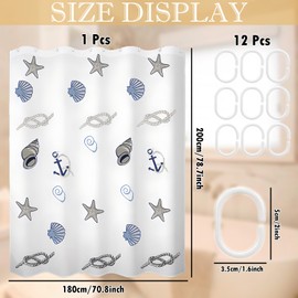 LHLZNB Shower Curtains Mould Proof Resistant - Fashion Patterned Semi-Transarent Shower Curtain, PEVA Waterproof Bathroom Curtains with 12 Hooks, 200 x 180 cm (Blue conch)