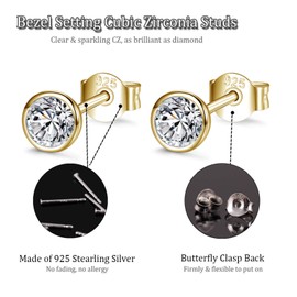 Women's Stud Earrings Silver 925, 3 Pairs of Small Sterling Silver Stud Earrings, Set with Zirconia, Cartilage, Sparkling Infinity Stud Earrings, Jewellery for Oktoberfest, Gifts for Him / Her 2/3/4 mm, Gold-Plated Silver, golden