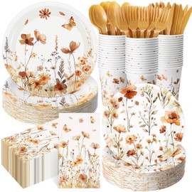 Sunnychicc 400 Pcs Fall Wild Floral Disposable Paper Plates Napkins Cups Serve 50 Floral Tableware Set for Autumn Thanksgiving Harvest Wedding Tea Party Decoration Bridal Shower Baby Shower