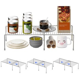 Redrubbit Cabinet Storage Shelf Rack, Expandable Metal Rustproof Kitchen Counter and Cabinet Shelf, Storage Rack Organizer Space Saver for Kitchen, Fridge, Cabinet, Bathroom, Chrome, Set of 4