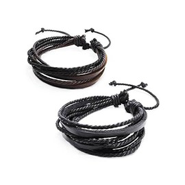 2-Pack Leather Black & Brown Bracelets - Adjustable Wristband - Great For Men, Women, Teens, Boys, Girls