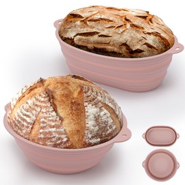 Silicone Bread Proofing Baskets, 9 Inch Round & 10 Inch Oval Foldable Sourdough Baking Basket, Proofing Baskets Set of 2, Easy to Clean and Storage, Perfect for Sourdough Bread Baking - Pink