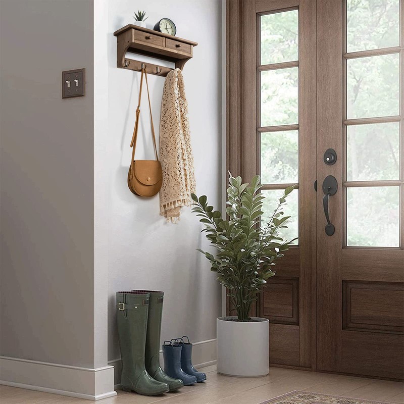 Emfogo Coat Hooks Mounted, Rustic Wood Coat Rack Mount Shelf