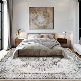 Area Rugs for Living Room 8x10 0.24inch Low Pile Faux Wool Bedroom Rug TPR Anti-Slip Backing Carpet Vintage Soft Rugs for Dining Room décor Machine Washable (Beige, 8 * 10)