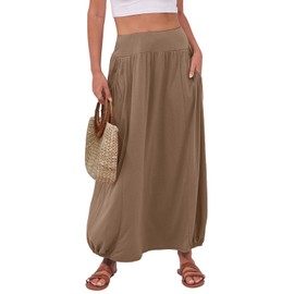 ANRABESS Women's Summer Long Maxi Skirts 2025 Trendy Ankle Length High Waisted Boho Flowy Beach Skirt with Pockets Fashion Khaki Large