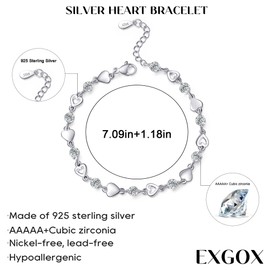 EXGOX Sterling Silver Bracelet for Women Dainty 925 Silver Heart Bracelet Shiny Crystal Diamond Adjustable Love Heart Bracelet for Women Girls, 6.5 inch