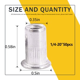 Rustark 50 Pcs 1/4-20'' UNC 304 Stainless Steel Rivet Nuts Flat Head Threaded Insert Nutsert Rivnuts Set (1/4-20''UNC)