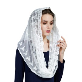 BEAUTELICATE Women's Mantilla Catholic Veil Lace Chapel Scarf Stole Headwear Lace Black White for Catholic Church Latin Mass Church Wedding Bridal V108, White