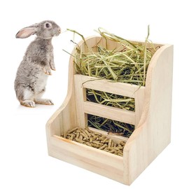 Rabbit Hay Feeder, Wooden Grass & Food 2 in 1 Double Use Food Dispenser for Bunnies, Guinea Pigs & Chinchillas - Less Waste, Self-Feeding Bin for Small Animals