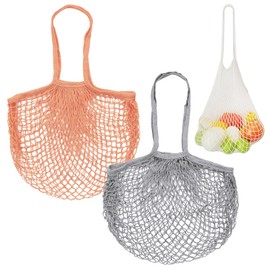 M METERXITY 2-Pack Cotton Mesh Bag, Reusable Washable Mesh Net String Grocery Bags, Reusable Produce Bags with Handle, Net Tote Bag for Fruits Shopping [Gray, Pink Brown, Long Handle]