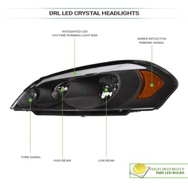 TLAPS 7422439923966 Compatible With 2006-2013 Chevy Impala / 2014-2016 Limited / 2006-2007 Monte Carlo DRL LED Strip Bar Black Housing Headlights With Amber Reflector