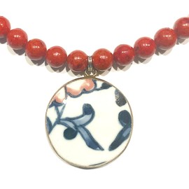 Recycled China Pendant Necklace, Coral Statement Necklace, Orange Coral Blue porcelain pendant Necklace by AnnaArt