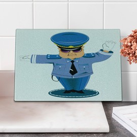 Lunarable Police Cutting Board, Serious Traffic Cop Standing at the Crossroads Giving Directions Cartoon Character, Decorative Tempered Glass Cutting and Serving Board, Small Size, Multicolor