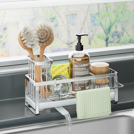 HapiRm Sponge Holder for Kitchen Sink - Self-draining Sink Caddy with Brush Holder and Dishcloth Holder, Stainless Steel Kitchen Sink Organizer - Silver