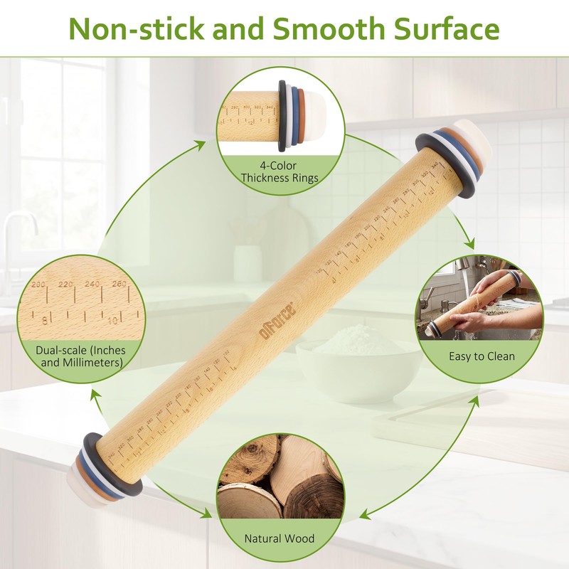 Rolling Pin with Thickness Rings,13.6" Dough Roller with Mat&4 Cookie