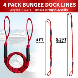 NIUTRIP 4FT Bungee Dock Line with Foam Floats Stretchable Boat Rope for Kayak, Jet Ski, Pontoon, Seadoo, Canoe, Fishing Boat Shock-Absorbent Dock Lines (4-Pack Red&Black)