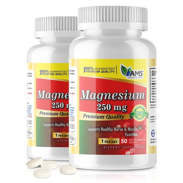 America Medic & Science Magnesium 250 mg (100 Caplets) | Pack of 2 Bottles | Magnesium Oxide Supplement for Men and Women | Supports Healthy Nerve and Muscle Functions | Boosts Exercise Performance
