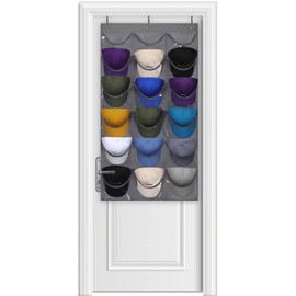 Dofilachy Hat Rack - Hat Organizer - Hat Racks for Baseball Caps, Visible Hat Holder - Baseball Hat Rack for Wall Door with 3 Hooks, 18 Deep Pockets(Grey, medium)