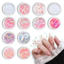 MultiValue Nail Charms, 12 Colors in Boxes Nail Art Kit with Pink White Powder Pearl Hear Star Nail Rhinestones 3D Nail Supplies for Nail Techs Glitter Crystals Nail Gems for Nail Decor (Pearl+Star)