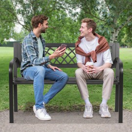 BSTOPHKL Outdoor Bench,Patio Garden Benches,Metal Weatherproof Porch Bench with Grid-Patterned Backrest and Armrest for Park Courtyard Porch,Bearing Capacity 480lbs,Black