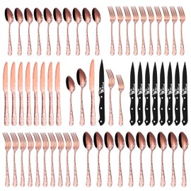 Stapava 48-Piece Rose Gold Silverware Set with Steak Knives, Stainless Steel Cutlery Flatware Set for 8, Utensil Sets Include Forks Spoons and Knives for Home, Mirror Polished, Dishwasher Safe