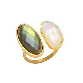MESTIZA JOYAS Allegra Anillo Labradorita y Piedra de luna con Piedras Naturales Baño de Oro Ajustable