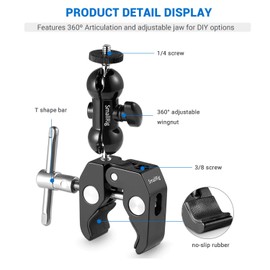SMALLRIG Super Camera Clamp Mount, Double Ball Head Adapter, Fence Desk Table Mount for Ronin-M/Insta360/Gopro, Ball Head - 1138