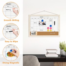 Dry Erase Calendar Whiteboard for Wall, WALGLASS 16" X 12" Cork White Board Calendar Combo with Wood Framed, Small Hanging Monthly Calendar, Portable White Board for Home, School, Office (White)