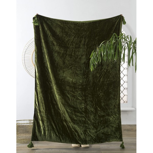 Luxury Crushed Moss Green Velvet Throw Blanket with Tassels Soft