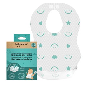 Baby Works Babyworks Disposable Bibs with Crumb Catcher, 20 Count - Biodegradable and Compostable Baby Bibs - Quilted and Leak-Proof