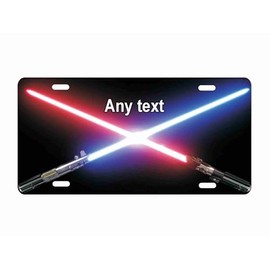 Customizable Lightsaber front vanity Plate, 12x6 inches, Metal Novelty Car Tag with Crossed Light Swords Design (red and blue sabers)