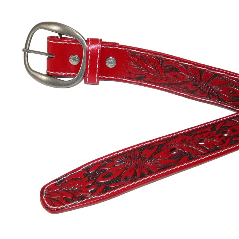 CTM Leather Western Embossed Belt with Removable Buckle, 38, Red