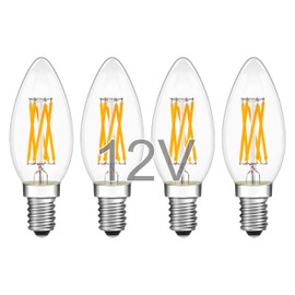 TOKCON 12V Low Voltage E12 Candelabra Base LED Light Bulbs - Soft Warm White 2700K 6W(Only for 12 Volt DC/AC) - Dimmable - 60W Equivalent Clear Torpedo LED Candle Bulb for RV, Garden - 4 Pack