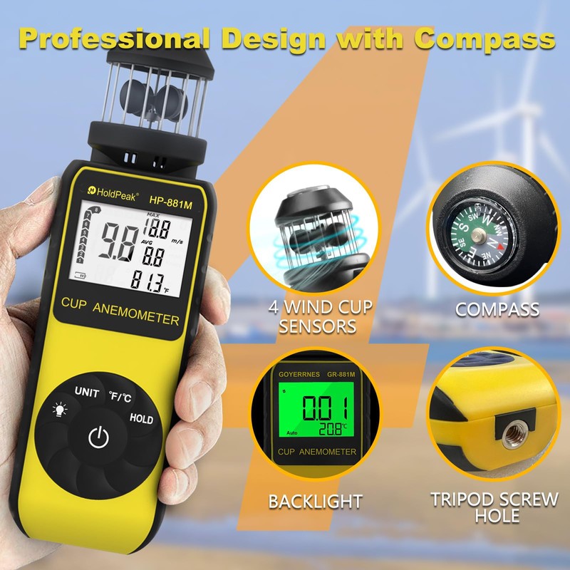 H HOLDPEAK Anemometer Wind Gauge, Digital Wind Speed Meter 881M