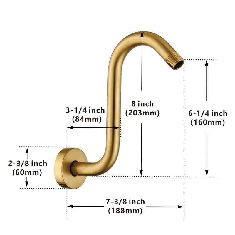 8 Inches S-shape Wall Mount Shower Arm and Flange, Champagne