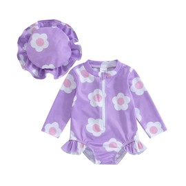 Infant Baby Girl Swimsuit One-Piece Floral Long Sleeve Rash Guard UPF 50+ Sun Protection Bathing Suit with Hat Beach Swimwear (Purple, 6-12 Months)