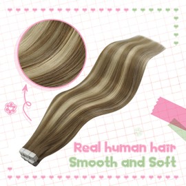 YoungSee Human Hair Tape in Extensions Balayage Light Brown and Platinum Blonde Tape in Extensions for Women Tape in Hair Extensions Real Human Hair Ombre Tape on Hair Extensions Straight 50G 20Pcs