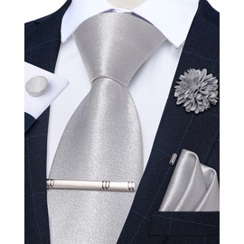 DiBanGu Mens Satin Tie with Lapel Pin Tie Clip Shiny Solid Color Necktie and Pocket Square Cufflinks Set for Wedding Party, Silver