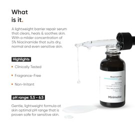 Suero minimalista de niacinamida al 5% con ácido hialurónico para un tono de piel de aspecto uniforme | Suero facial hidratante para una piel de aspec