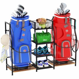 Jsskeeim Golf Bag Storage Organizer for Garage Organization, Golf Bag Stand for Golf Bag Accessories, Spacious Golf Rack for Golf Clubs & Golf Essentials, Ideal Golf Gifts for Men (Fits 2 Golf Bags)