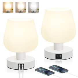 Touch Control Bedside Table Lamp with 2 USB Ports, Dimmable Small Nightstand Lamp for Bedroom, Modern Desk lamp with White Glass Lampshade, with 3000K-6000K Adjustable Color Temperature Bulb(2 Packs)